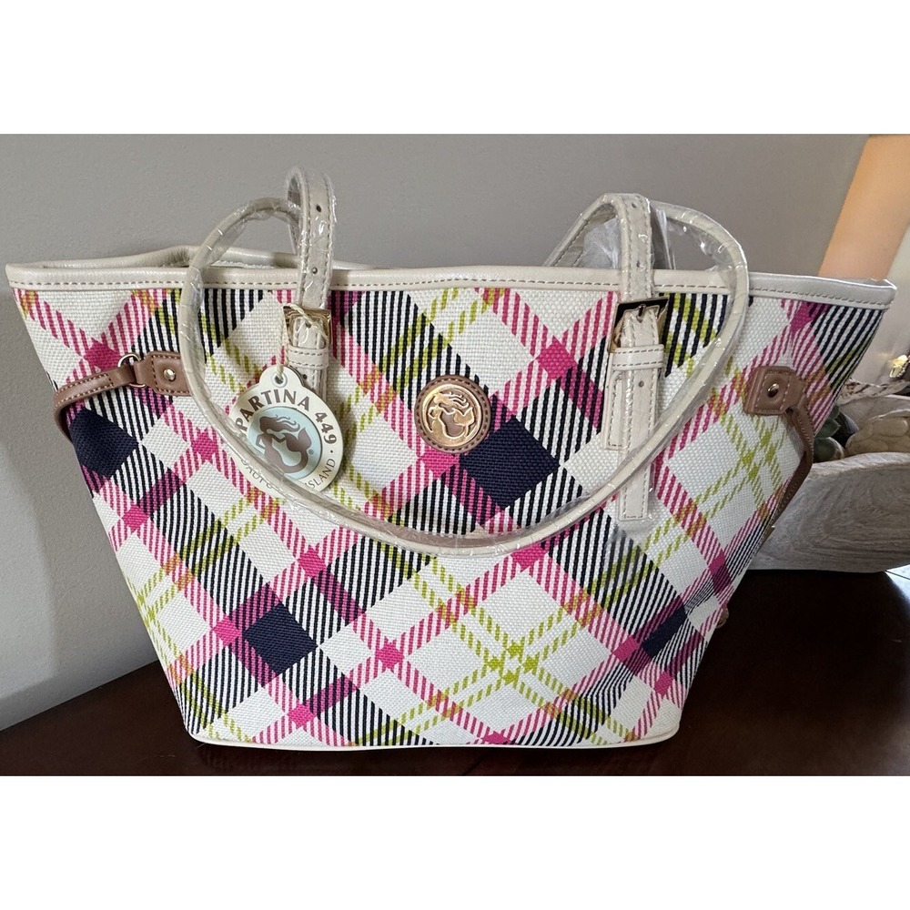 Spartina 449 Jetsetter Everett Plaid Tote Bag Pink Lime‎ Blue HTF & NWT